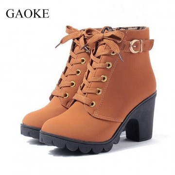 New Autumn Winter Women Boots High Quality Solid Lace-up European Ladies shoes PU Leather Fashion Boots Free Shipping 