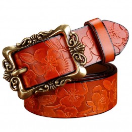 New Fashion Wide Genuine leather belt woman vintage Floral Cow skin belts women Top quality strap female for jeans