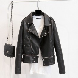 Women Faux Soft Leather Long Sleeve Coat Zipper Design Motorcycle PU Jacket