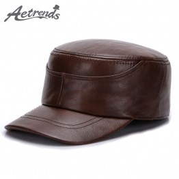 [AETRENDS] Winter Dad Hat 100% Genuine Leather Military Hats for Men Flat Cap Captain Army Sailor Caps