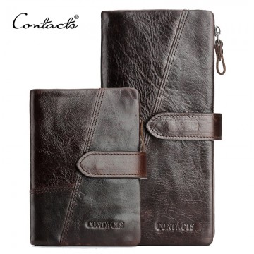 CONTACT&#39;S Genuine Crazy Horse Cowhide Leather Men Wallets Fashion Purse With Card Holder Vintage Long Wallet Clutch Wrist Bag32339463952