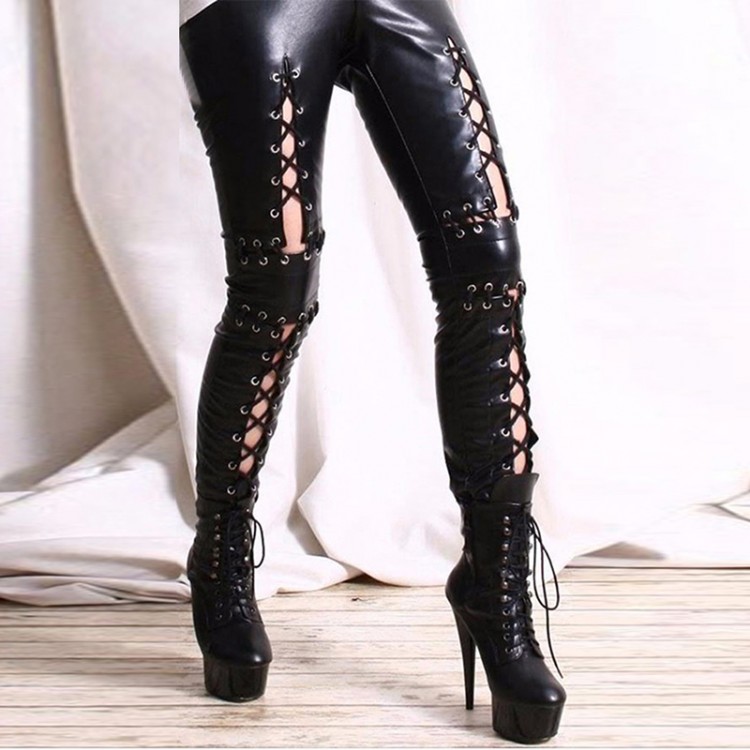 Gothic Black Lace Up Skinny Trousers For Women Pencil Sexy Leggings ...