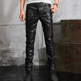 New Arrival Top Quality Mens Genuine Leather Retro Motorcycle Pants Man Slim Fit Pants Gothic Zip Trousers Plus Size 28-38