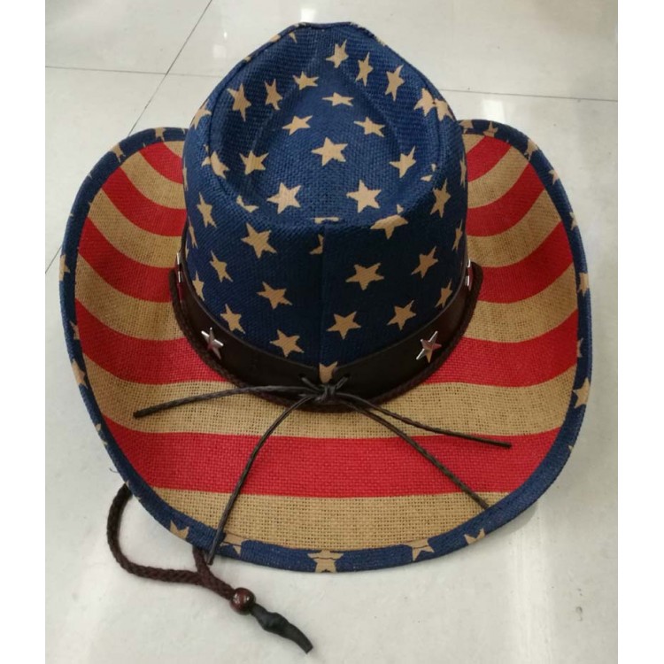 Summer Unisex Print American Flag Cowboy Straw Hat With Leather Band ...