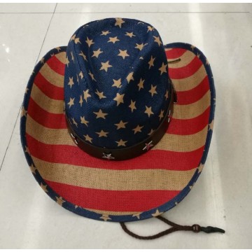 Summer Unisex Print American Flag Cowboy Straw Hat With Leather Band Western Wide Brim Cap Cowgirl Printing Sun Hats Caps 